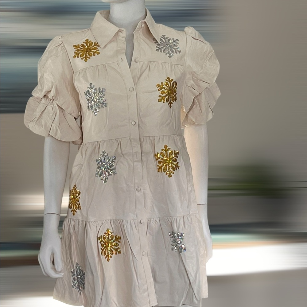 PEACH LOVE CALIFORNIA pleather holiday sequin snowflake dress sz S M L - Picture 5 of 10